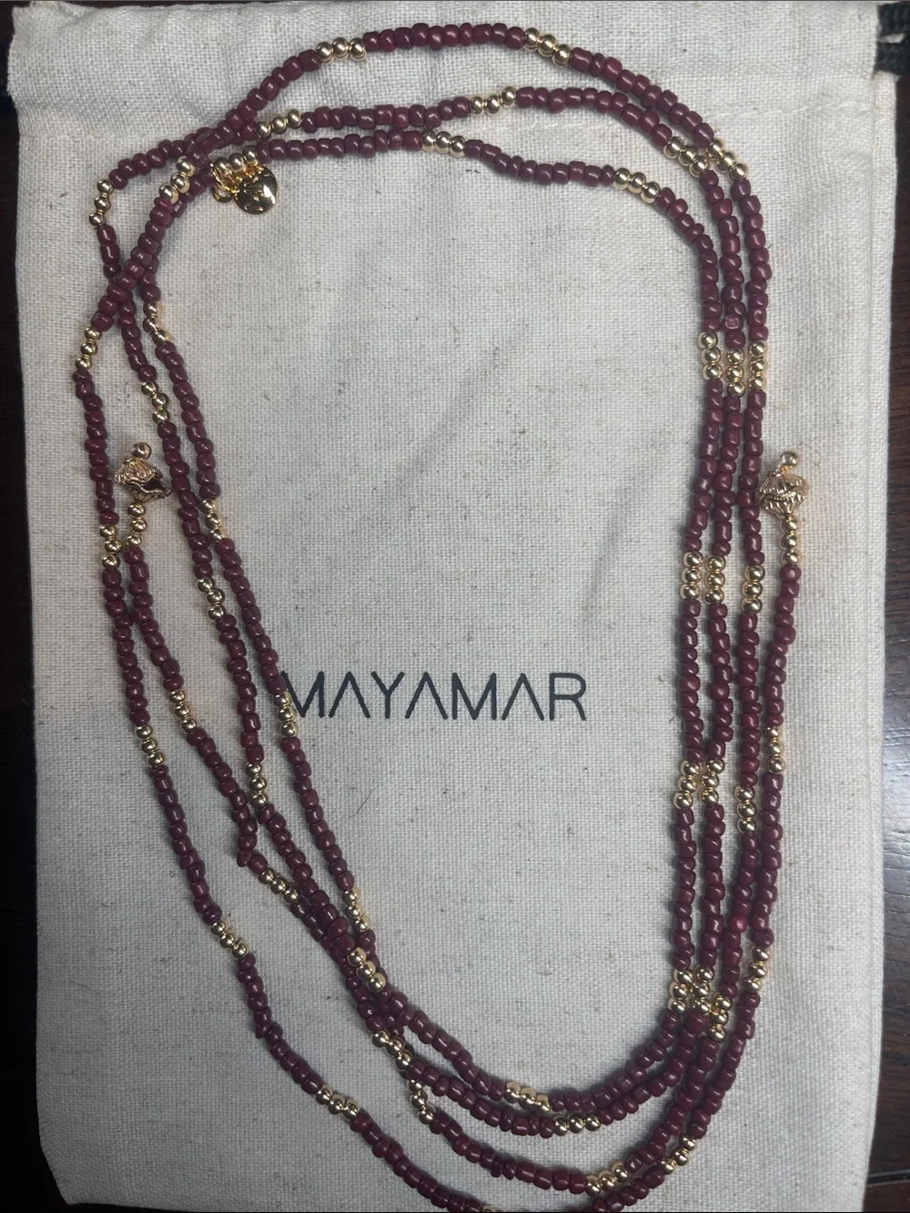 Mayamar Long Strand Burgundy and Gold Beaded Necklace